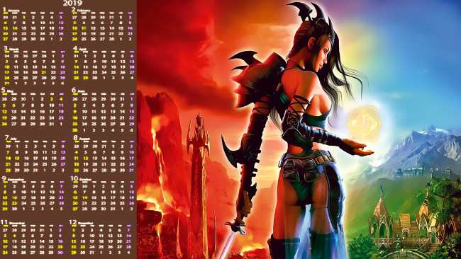 Обои картинки фото календари, видеоигры, девушка, оружие, магия, гора