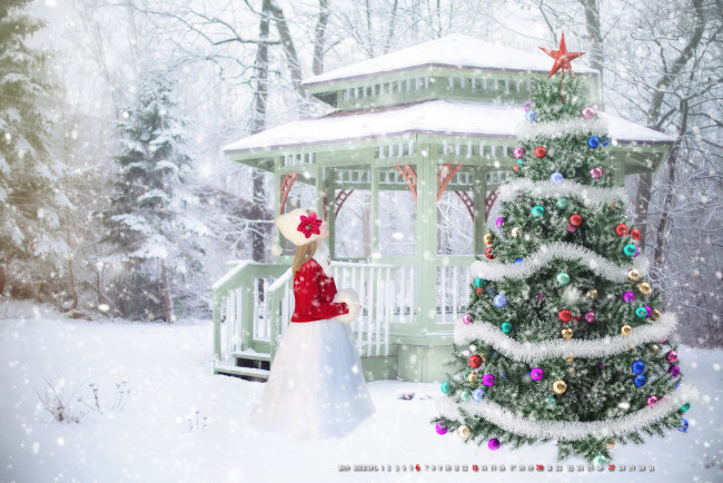 Обои картинки фото календари, праздники,  салюты, девочка, елка, игрушка, беседка, снег, зима