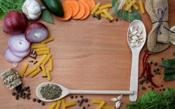 Картинка еда разное ложки специи приправы овощи макароны