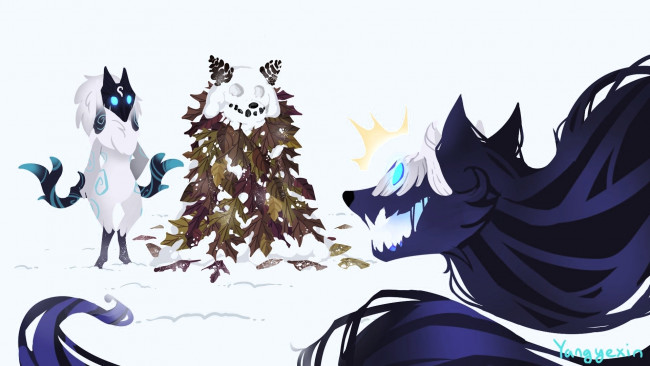 Обои картинки фото видео игры, league of legends, дух, они, снеговик, фигура, листья, kindred