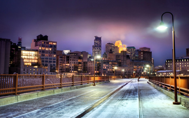 Обои картинки фото города, - огни ночного города, город, мост, снег, фонарь