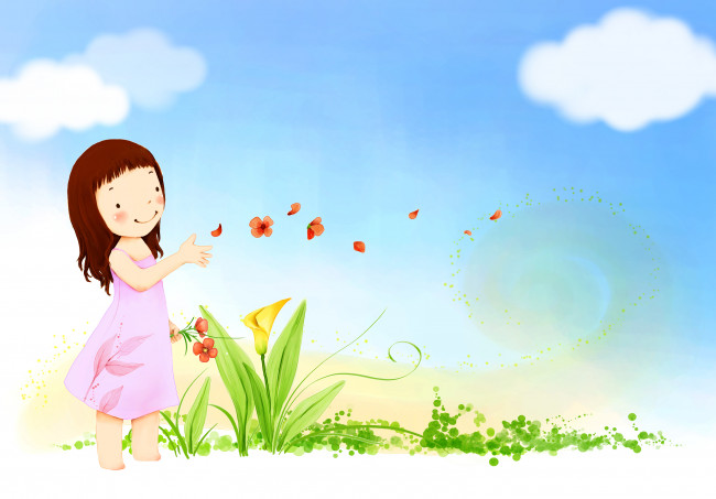 Обои картинки фото рисованное, дети, девочка, цветы