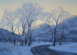 Картинка евгений лушпин park city рисованные деревья зима дорога