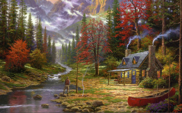 обоя thomas, kinkade, рисованные, пейзаж, дом, горы, река, лодка, деревья, рыбак