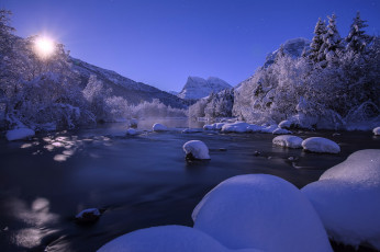 обоя природа, зима, norway, норвегия, река, снег, горы, пейзаж