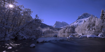 Картинка природа зима снег деревья горы река норвегия norway пейзаж