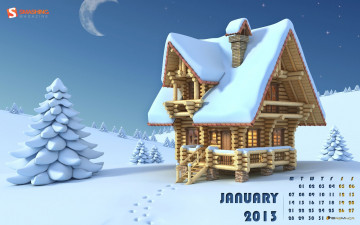 Картинка календари 3д графика ели снег дом зима