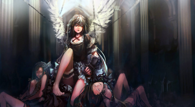 Обои картинки фото аниме, touhou, кровь, платье, цепи, ангел, девушки, крылья