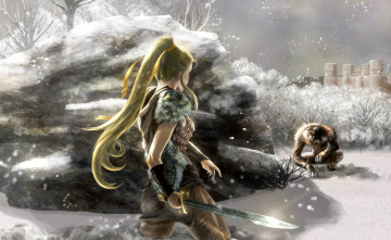 Картинка фэнтези красавицы+и+чудовища зима оборотень меч девушка камень