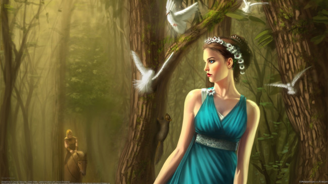 Обои картинки фото george patsouras, фэнтези, девушки, голуби, птицы, george, patsouras, лес, рыцарь, всадник, белка, девушка