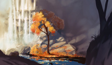 Картинка рисованное природа камни свет водопад река осень дерево chibionpu