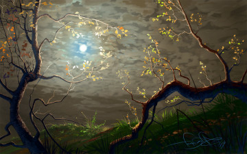 Картинка рисованное природа трава ветви ветки кривые листья деревья