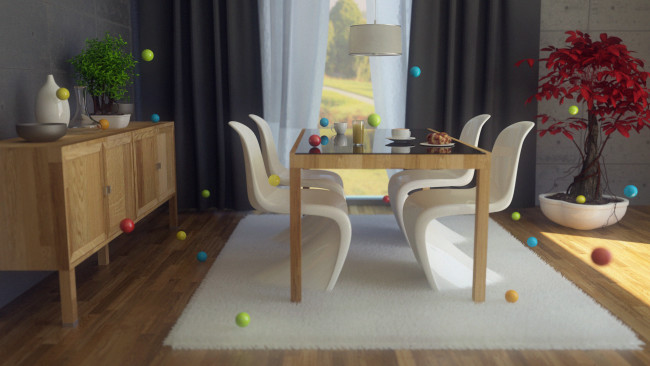 Обои картинки фото 3д графика, реализм , realism, стол, стулья, коврик, шары