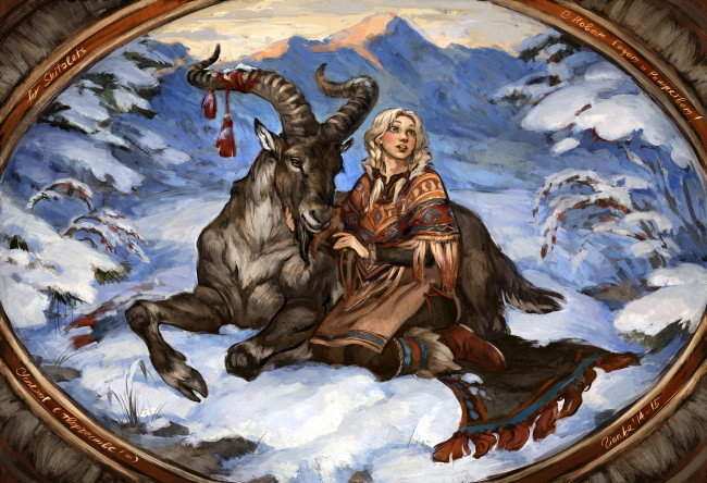 Обои картинки фото рисованное, люди, животное, взгляд, снег, 2015, козел, девушка, живопись
