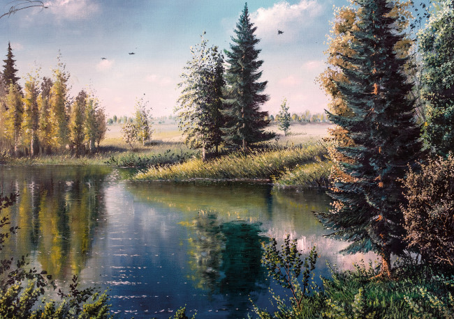 Обои картинки фото рисованное, живопись, природа, птицы, деревья, озеро, лес