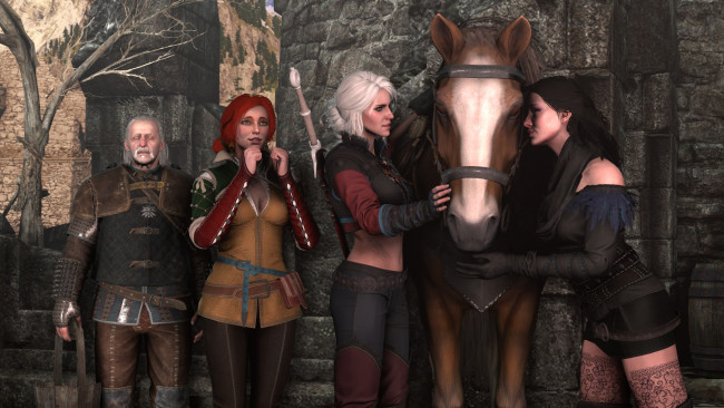 Обои картинки фото 3д графика, фантазия , fantasy, лошадь, оружие, воин, мужчина, фон, взгляд, девушки