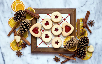 Картинка праздничные угощения корица анис апельсин шишки печенье