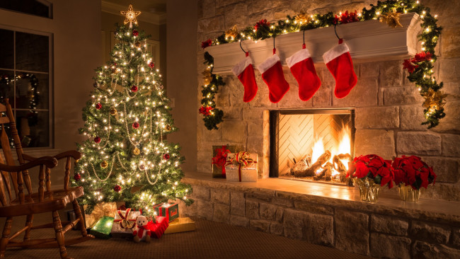 Обои картинки фото праздничные, новогодний очаг, гирлянды, камин, елка