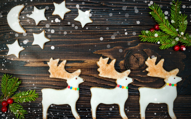 Обои картинки фото праздничные, фигурки, новый, год, рождество, звезды, выпечка, deer, сладкое, олени, cookies, christmas, sweet, baking, печенье