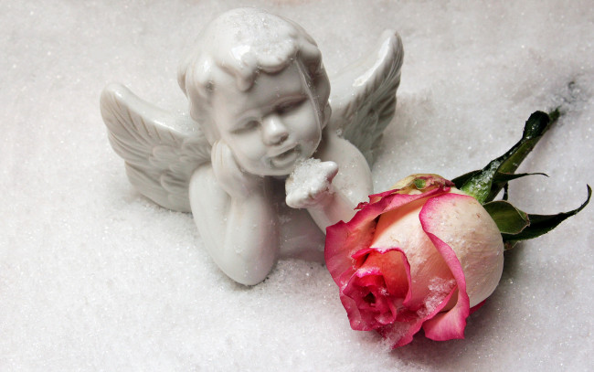Обои картинки фото праздничные, фигурки, роза, ангел, снег