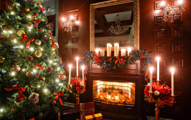 Обои картинки фото праздничные, новогодний очаг, елка, зеркало, камин, свечи