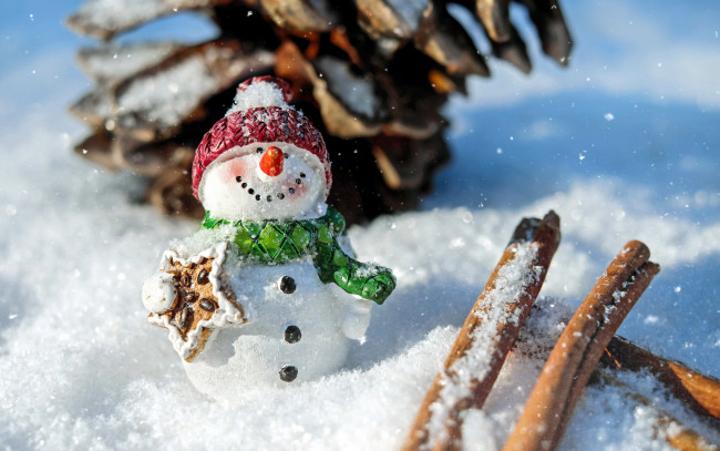 Обои картинки фото праздничные, снеговики, корица, фигурка, снег