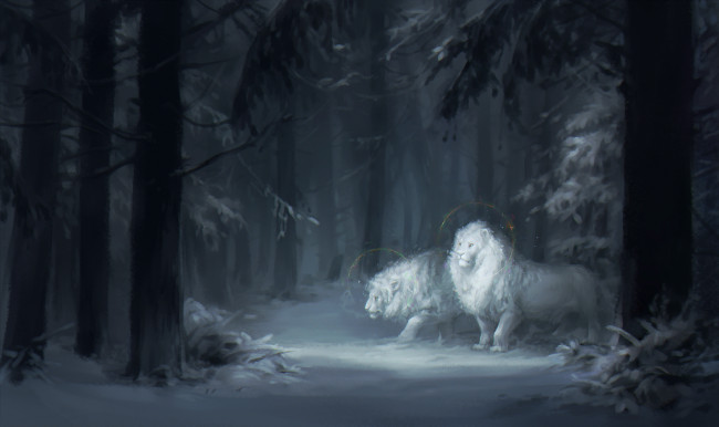 Обои картинки фото рисованное, животные,  львы, лев, фон, лес, снег, нимб