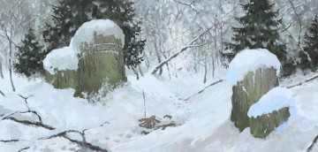 Картинка рисованное природа зима снег лес столбы руны