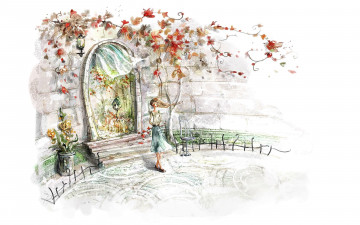 Картинка рисованное люди девушка стена арка растения