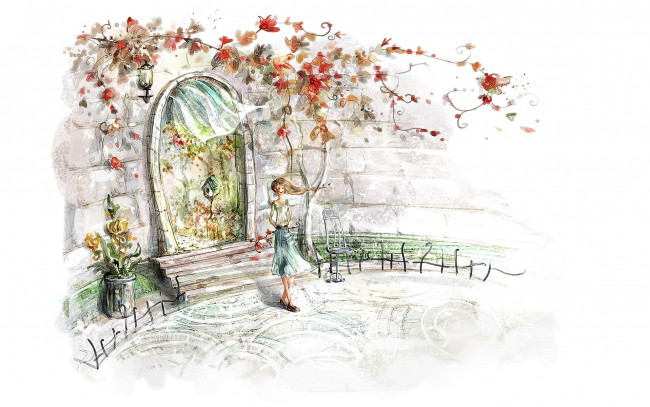 Обои картинки фото рисованное, люди, девушка, стена, арка, растения