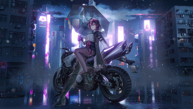 Обои картинки фото аниме, оружие,  техника,  технологии, мотоцикл, девушка