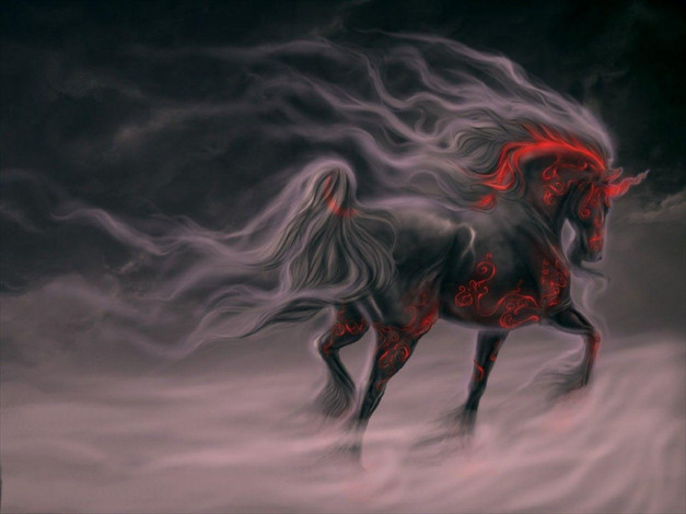Обои картинки фото огненный, конь, фэнтези, единороги
