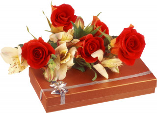 Картинка цветы розы коробка бант лента