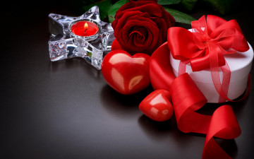 Картинка праздничные день св валентина сердечки любовь роза свеча коробка подарок