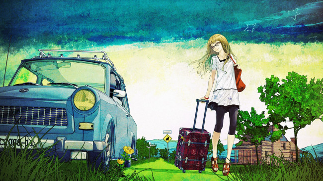 Обои картинки фото аниме, *unknown, другое, девушка, машина, багаж, домик, деревня, день