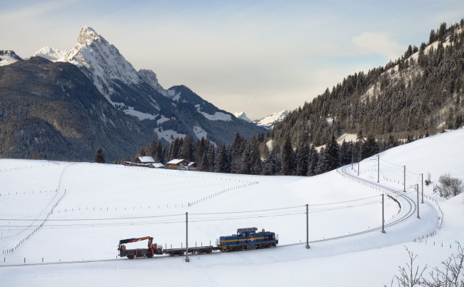 Обои картинки фото техника, локомотивы, поезд, горы, снег