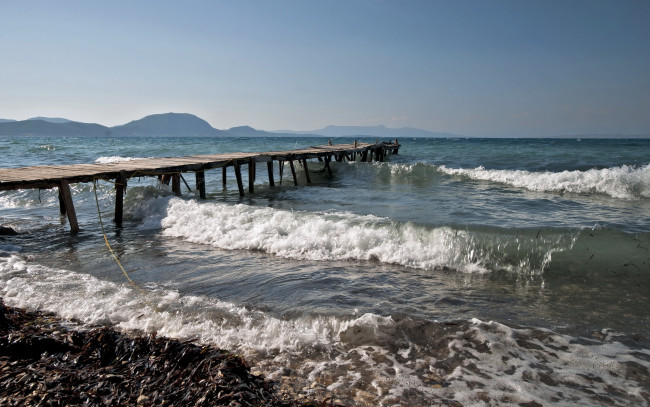 Обои картинки фото природа, побережье, море, волны, мост