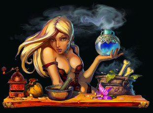 Картинка фэнтези маги +волшебники колдунья девушка пестик ступка колба магия