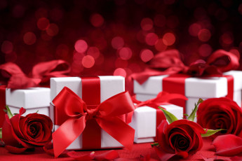 обоя праздничные, подарки и коробочки, розы, лепестки, подарки, банты, красный, белый