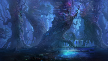 Картинка фэнтези иные+миры +иные+времена ночь домики деревья лес гигантский мир иной