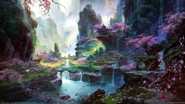 Картинка ming+fan фэнтези пейзажи ming fan пейзаж скалы река водопады сакура лепестки