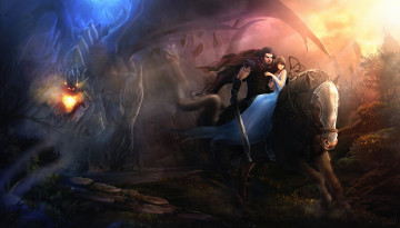 Картинка фэнтези люди воин всадник меч девушка лошадь монстр
