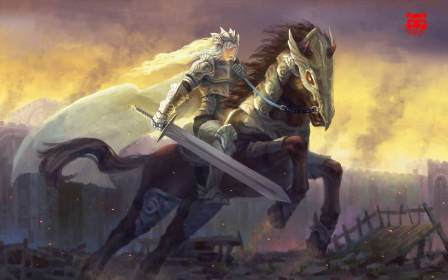 Обои картинки фото фэнтези, девушки, девушка, воин, всадник, конь, доспехи, меч