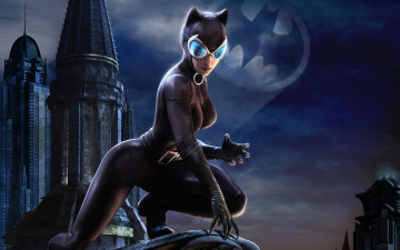 обоя catwoman, рисованное, комиксы, крыша, женщина, кошка, поза