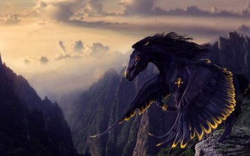 Картинка фэнтези пегасы черный пегас полет горы крылатый конь