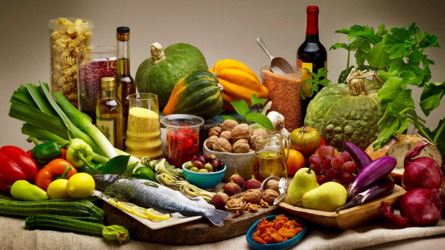 Обои картинки фото еда, разное, макароны, орехи, ягоды, овощи, фрукты, рыба
