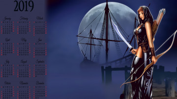 Картинка календари фэнтези оружие луна ночь девушка парусник