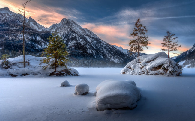 Обои картинки фото природа, горы, covered, with, snow, germany, lake, hintersee, bavaria
