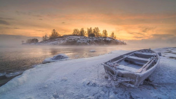 Картинка корабли лодки +шлюпки река зима лодка закат снег