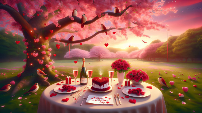 Обои картинки фото праздничные, день святого валентина,  сердечки,  любовь, любовь, птицы, природа, стол, праздник, вино, поляна, сердце, розы, весна, торт, цветение, день, святого, валентина, ии-арт, нейросеть